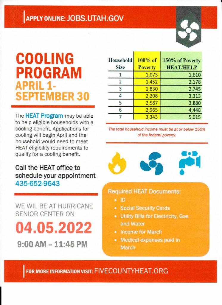 Cooling Program April 5 Hurricane Utah Senior Citizen Center